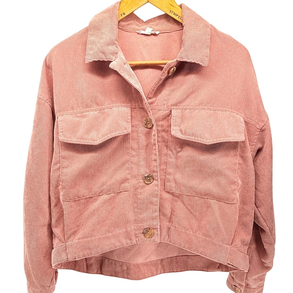 Blu Pepper Corduroy Cropped Jacket‎ Shirt Jacket Pink Button Down Pockets